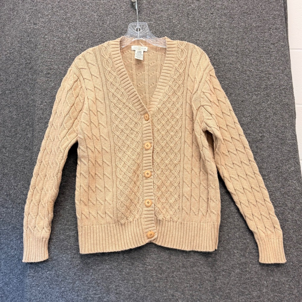 Vintage Grandmacore Cable Knit Cardigan Women L Tan Ramie Cotton Blend Academia